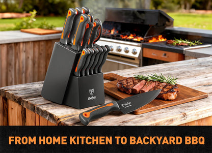 Knife Block Set -15 PCS Dishwasher Safe Kitchen Knife Set, High Carbon Stainless Steel, Razor-Sharp knives set with sharpener, Non-Slip Handles, Elegant Box for Her Him Women Dad Father