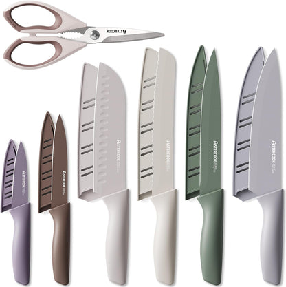Astercook Knife Set, 13 Pieces Kitchen Knives Set with Healthy Anti-Rust Coating, Dishwasher Safe, Stainless Steel Chef Knife Sets with 6 Blade Guards, Perfect Holiday Gifts for Kitchen Morandi