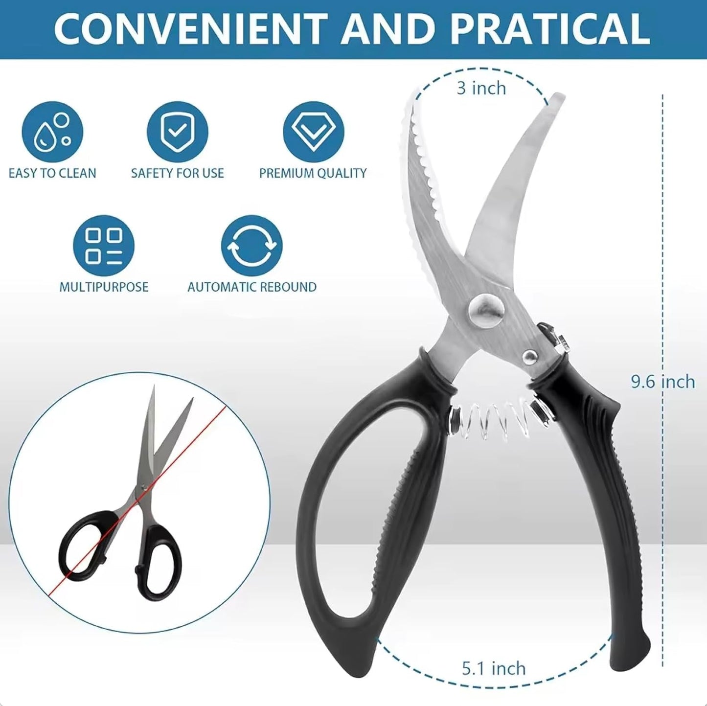 Heavy Duty Kitchen Chicken Scissors,Stainless Steel Multipurpose Kitchen Spring Loaded Meat Shears Poultry Shears with Anti-Slip Handle,Easier Cutting Fish Meat Bone Chicken (BLACK)