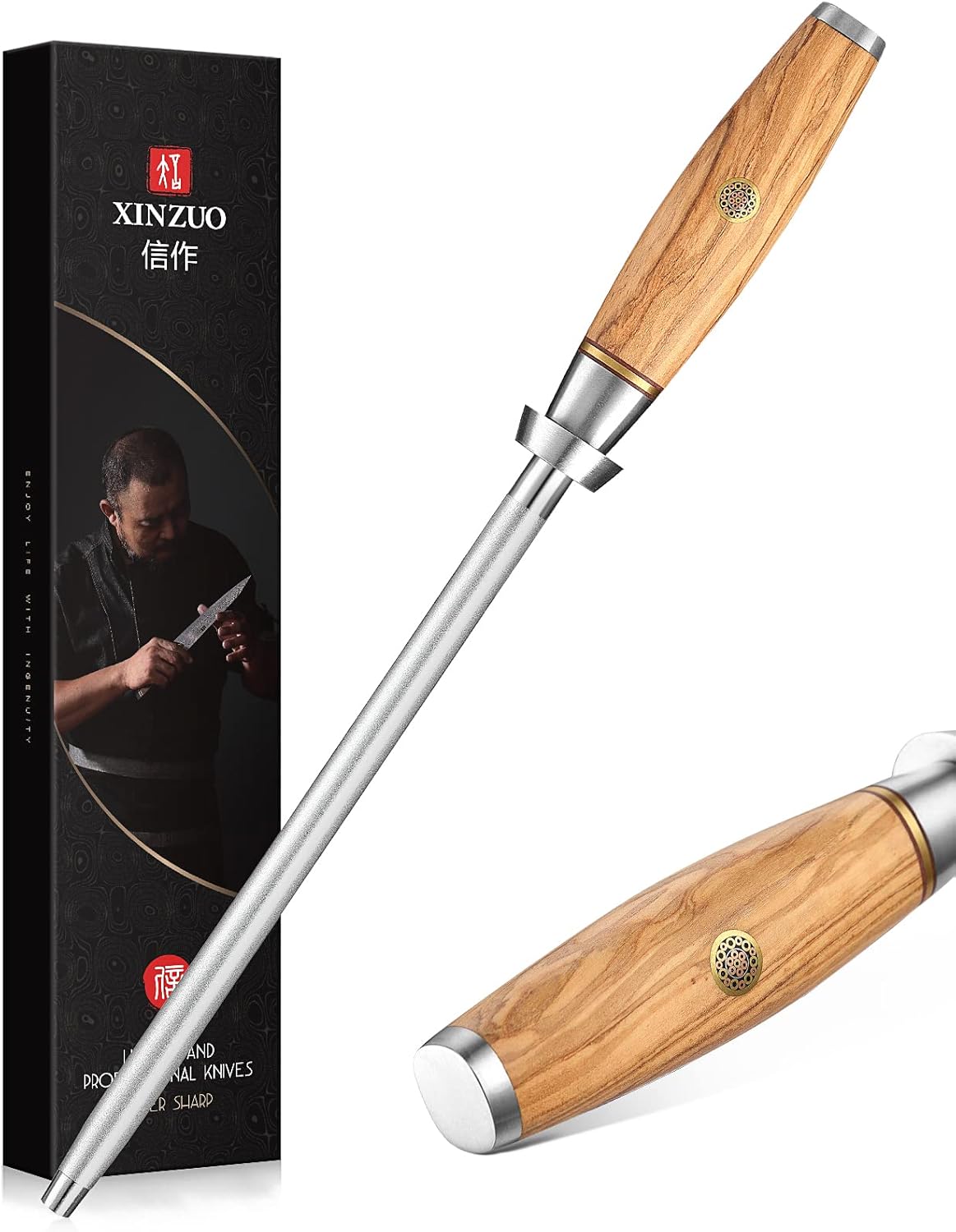 XINZUO In-Drawer Acacia Wood Storage Block with Steak Knife Set of 4,Knife Drawer Organizer,73-layer Damascus Steel Kitchen Knife Set with Olive Wood Handle
