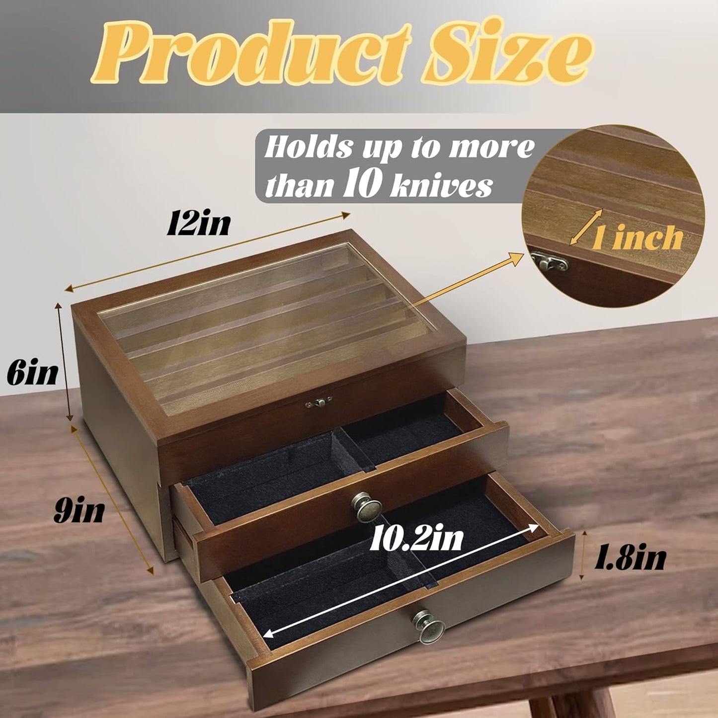 Knife Display Case,2 Layer Pocket Knife Display Case Wood, Knife Collection Display Case with Drawers, Pocket Knife Organizer for Gifts, Black