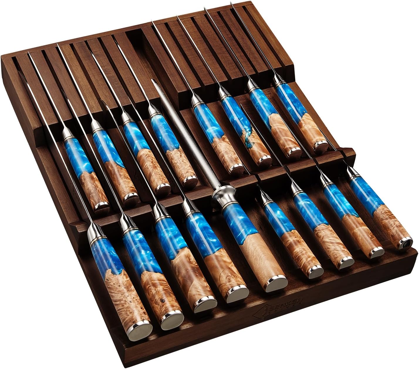 SENKEN In-Drawer Knife Block, Natural Acacia Wood Kitchen Knife Drawer Organizer, Holds 16 Knives + 1 Sharpener Slot for 17 Total Slots, Includes Steak Knife Slots, Space Saving Knife Storage Solution