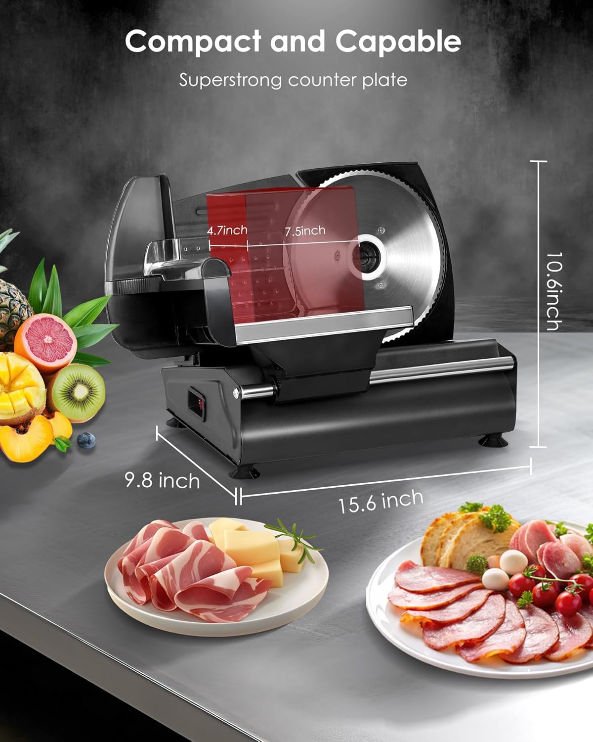 Valley Sportsman Meat Slicer Machine for Home - Electric Deli Meat Slicer with 7.5" Stainless Steel Blade, Adjustable Thickness Food Slicer Cuts Meat, Bread, Cheese, Easy to Clean, Black