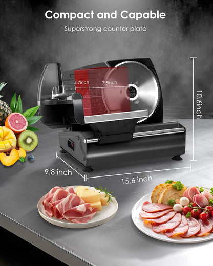 Valley Sportsman Meat Slicer Machine for Home - Electric Deli Meat Slicer with 7.5" Stainless Steel Blade, Adjustable Thickness Food Slicer Cuts Meat, Bread, Cheese, Easy to Clean, Black