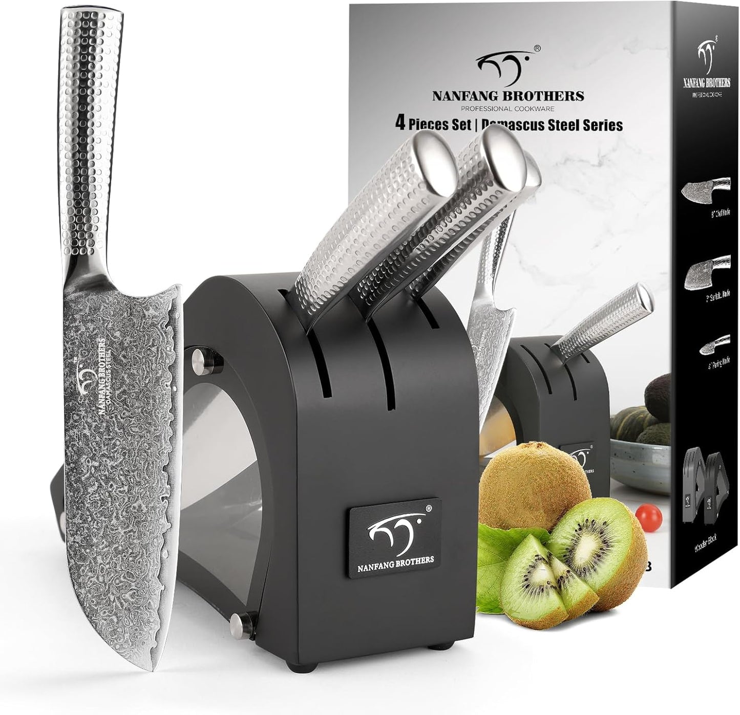 18 Pieces Damascus Kitchen Knife Set, 8 Piece Steak Knives, Non-slip ABS Ergonomic Triple Rivet Handle for Meat Fork, Knife Sharpener and Shears, 17 Slots Fraxinus Manchuria Knife Block (Grey)