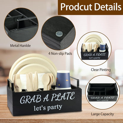 Paper Plate Holder, Utensil Caddy Organizer, Wood Paper Plate Dispenser, Silverware Caddy Holder, and Disposable Coffee Bar Accessories Box for Kitchen Counter, Party, Camping, Picnic (6 compartment)