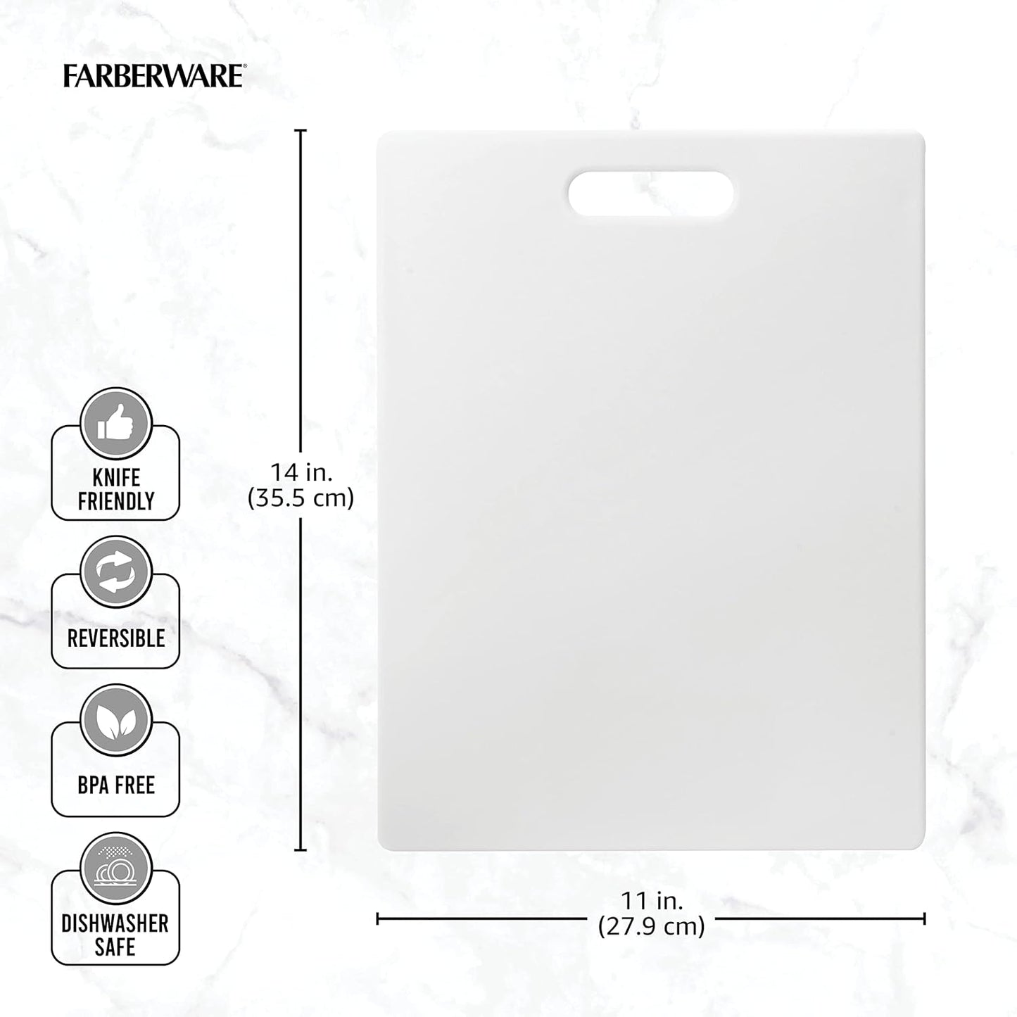 FARBERWARE Large Cutting Board, Dishwasher- Safe Plastic Chopping Board for Kitchen with Easy Grip Handle, 11in by 14in, White