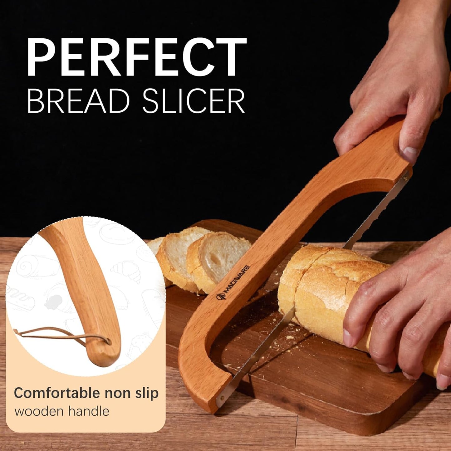 Magiware Bread Slicer Knife for Homemade Bread, Wooden Sourdough Bread Knife Cutter for Slicing, Serrated Bread Bow Knife Bread Saw Tool, Kitchen Baking Supplies (Acacia)
