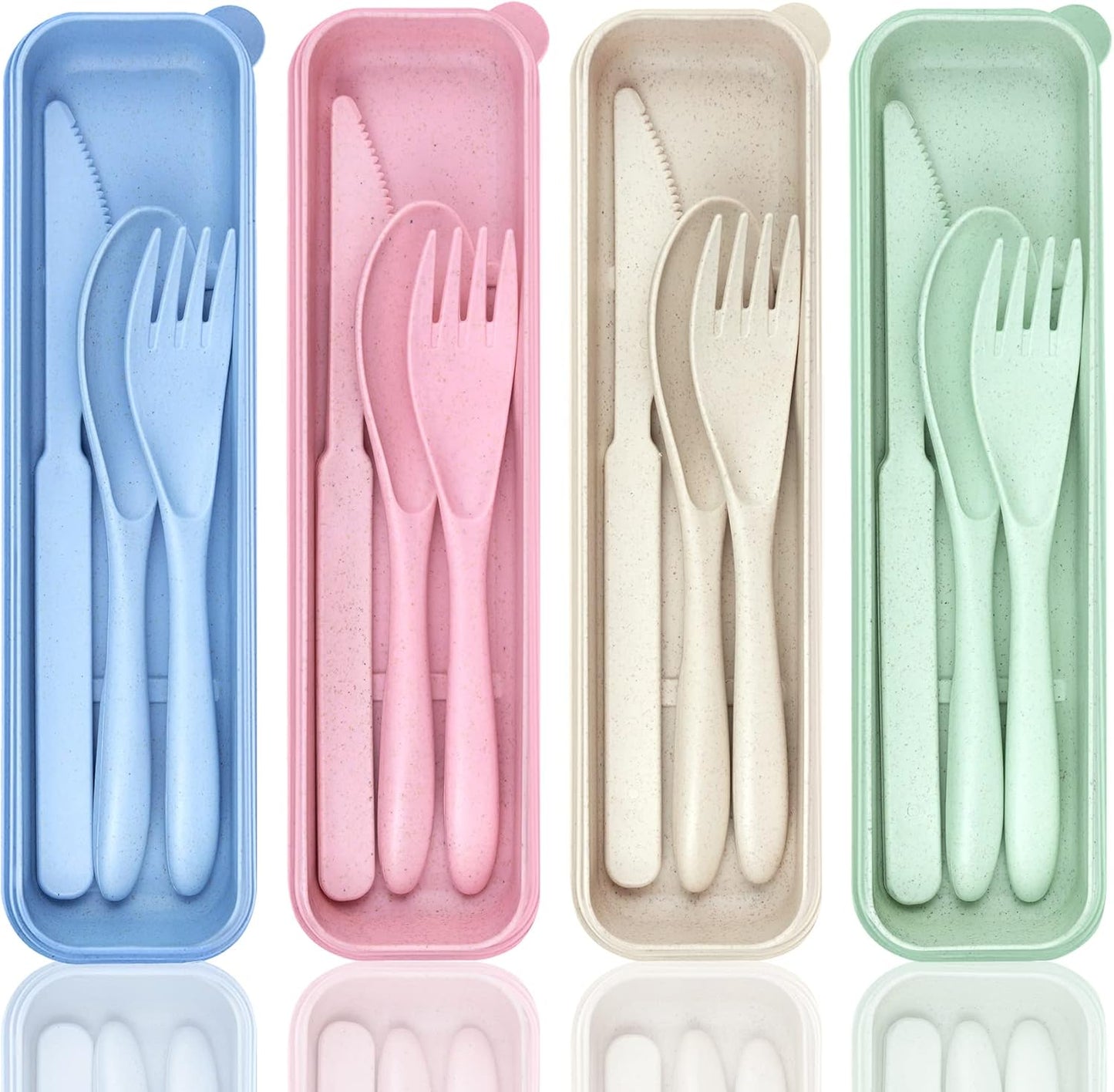 DISSKNIC Reusable Utensils Set with Case, 6 Sets Travel Utensils with Case, Wheat Straw Portable Cutlery Set Chopsticks Knives Fork and Spoon for Lunch Box Accessories