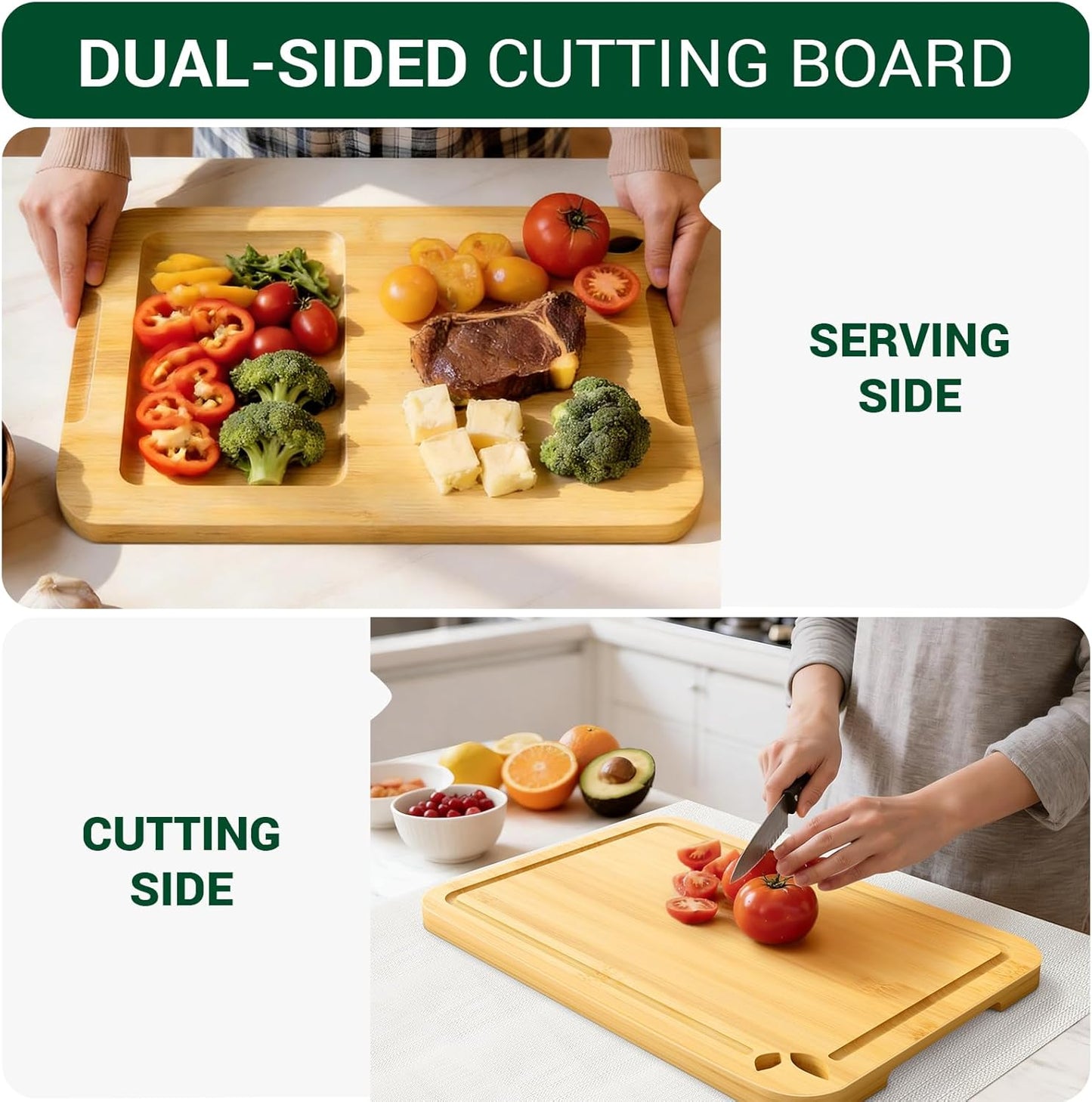 Bamboo Cutting Boards for Kitchen with Holder & Silicone Mat, Lightweight & Knife-Friendly Wood Cutting Board Set with Side Handles and Juice Grooves, Natural