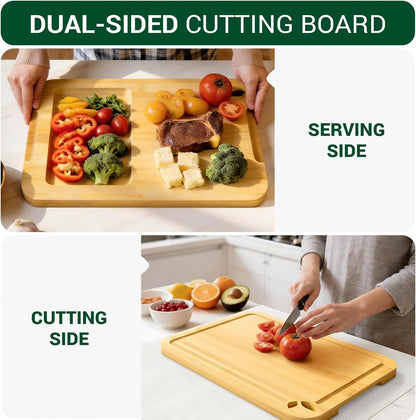 Bamboo Cutting Boards for Kitchen with Holder & Silicone Mat, Lightweight & Knife-Friendly Wood Cutting Board Set with Side Handles and Juice Grooves, Natural