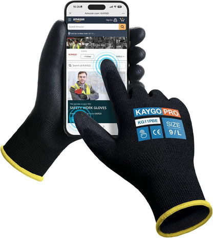 KAYGO Work Gloves for Men and Women,12 Pairs Seamless Knit PU Coated Safety Gloves, with Smooth Grip on Palm and Fingers, Ideal for Light Warehouse, Manufacturing, Gardening, KG11P (M, Black)