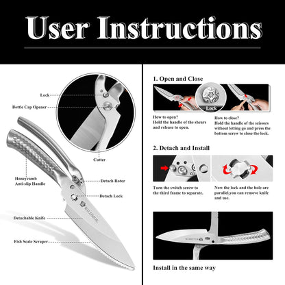WILDMOK Heavy Duty Poultry Kitchen Shears – Multi-function Stainless Steel Poultry Shears, Ultra Sharp All Purpose Kitchen Scissors Cutting Chicken Meat, Turkey, Fish
