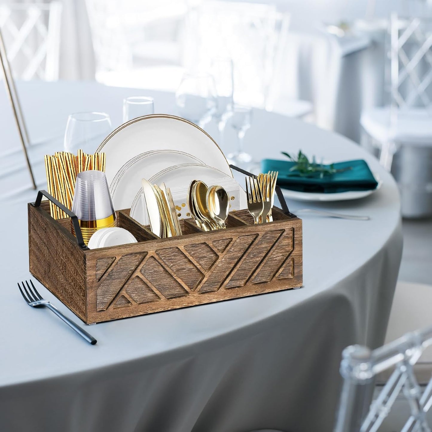 Ukonvi Paper Plate Dispenser, Paper Plate Holder for Kitchen Counter, Wood Rustic Silverware Utensil Caddy, Cutlery Flatware Organizer Box for Cups Spoons Forks Plates Napkins, Kitchen Accessories