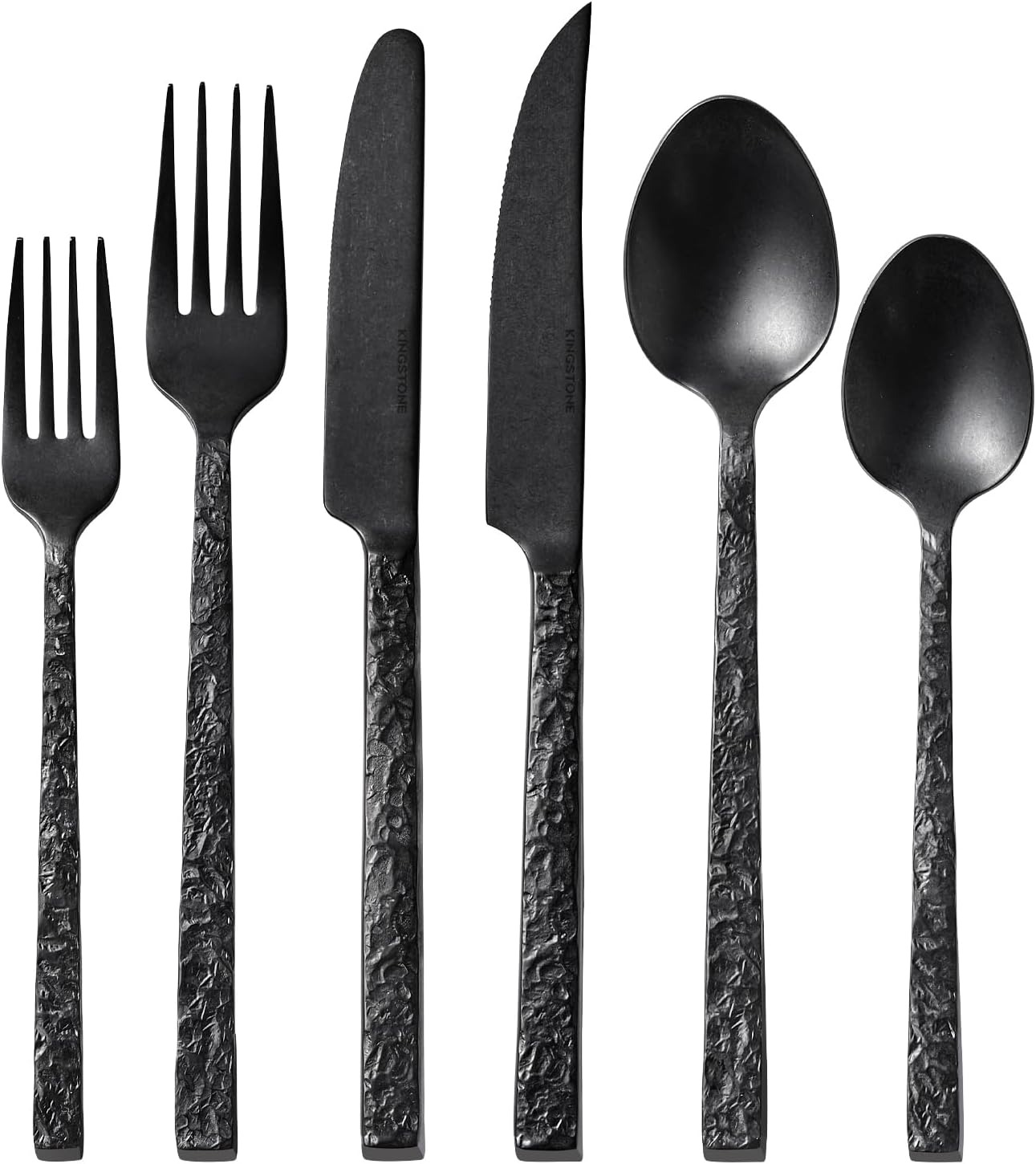 KINGSTONE 24 Pcs Black Hammered Silverware Set with Steak Knives for 4, 18/10 Stainless Steel Heavy Duty Flatware Set, Tableware Cutlery Utensil Sets for Home Restaurant Dishwasher Safe
