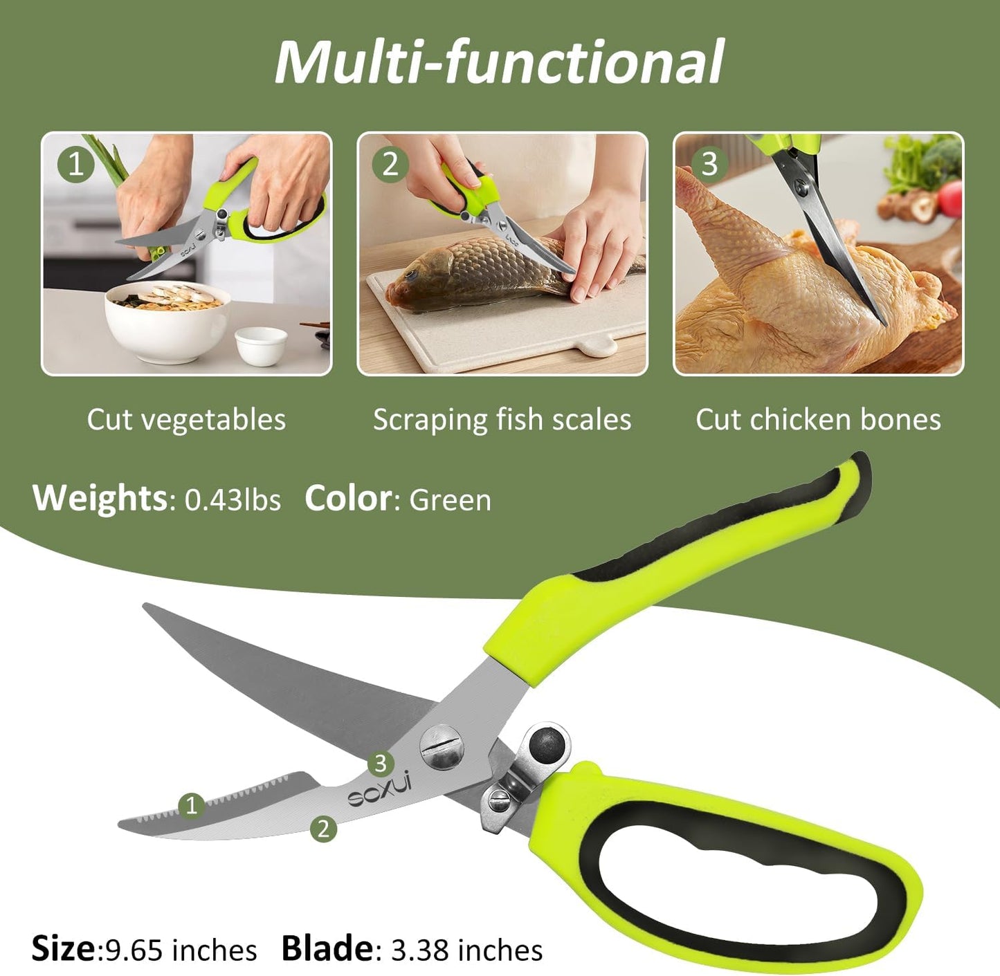 Heavy Duty Kitchen Scissors, Rust Proof Bone Cutting Scissors with Anti-Slip Handle and Safety Lock, Spring Loaded Poultry Shears for Meat, Chicken, Bone,Turkey, Fish, Black