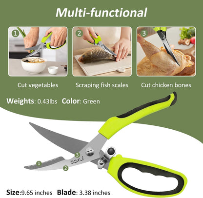 Heavy Duty Kitchen Scissors, Rust Proof Bone Cutting Scissors with Anti-Slip Handle and Safety Lock, Spring Loaded Poultry Shears for Meat, Chicken, Bone,Turkey, Fish, Black