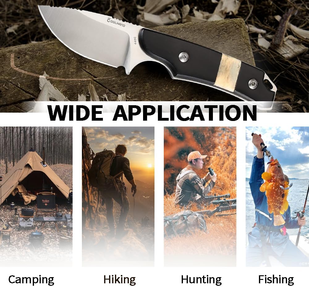 Cool Hand 5.98" Knife with Leather Sheath, Full Tang Compact Horizontal Carry Knife, Leather Belt Loop Sheath with Buckle, Outdoors Drop Point 440C Fixed Blade, Ram Horn Handle