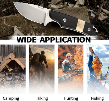 Cool Hand 5.98" Knife with Leather Sheath, Full Tang Compact Horizontal Carry Knife, Leather Belt Loop Sheath with Buckle, Outdoors Drop Point 440C Fixed Blade, Ram Horn Handle