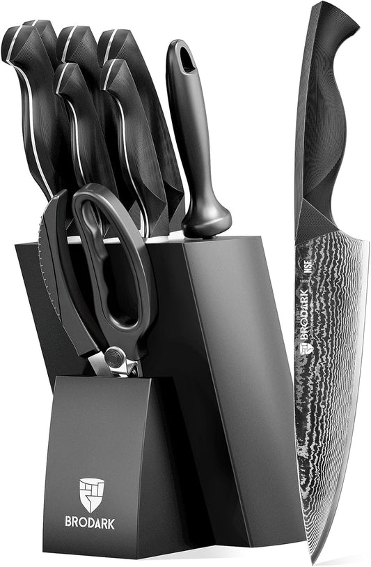 BRODARK Knife Set, Damascus Kitchen Knife Set with Block, 9 Pieces Sharp Professional Japanese Chef Knives with Ergonomic Full-Tang ABS Handle for Home, Restaurant -Christmas Gift, Dark Horse Series