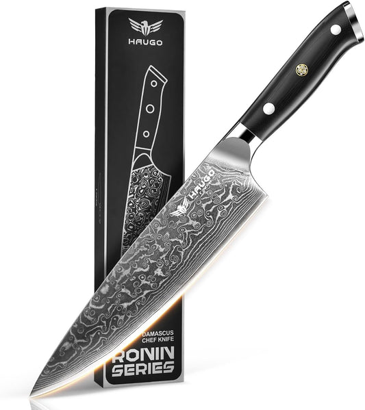 Damascus Chef Knife - Haugo 8 Inch Kitchen Knife with Japanese VG10 Steel Core - Full Tang Handle - Ultra Sharp Professional Cooking Knife - Ronin Series - Gift Box