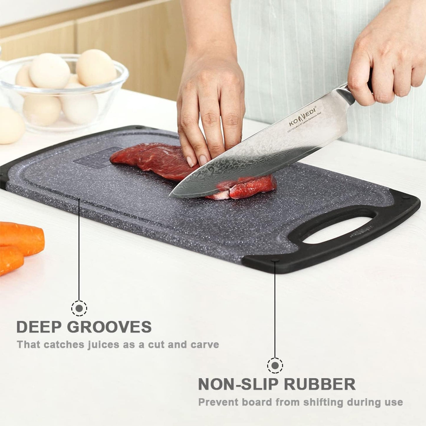 Viretang Plastic Cutting Boards Set of 3 for Kitchen, Thick Chopping Board with Deep Juice Grooves, Non‑Slip Feet, Easy Grip Handle, BPA Free, Dishwasher Safe,Black