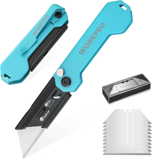 WORKPRO 2PCS EDC Folding Utility Knife, Mini Box Cutter with Quick Open Axis Lock, Quick Change Blade Razor Knife, Foldable Small Pocket Knife with Belt Clip, 2 Packs with 10 Extra Blades