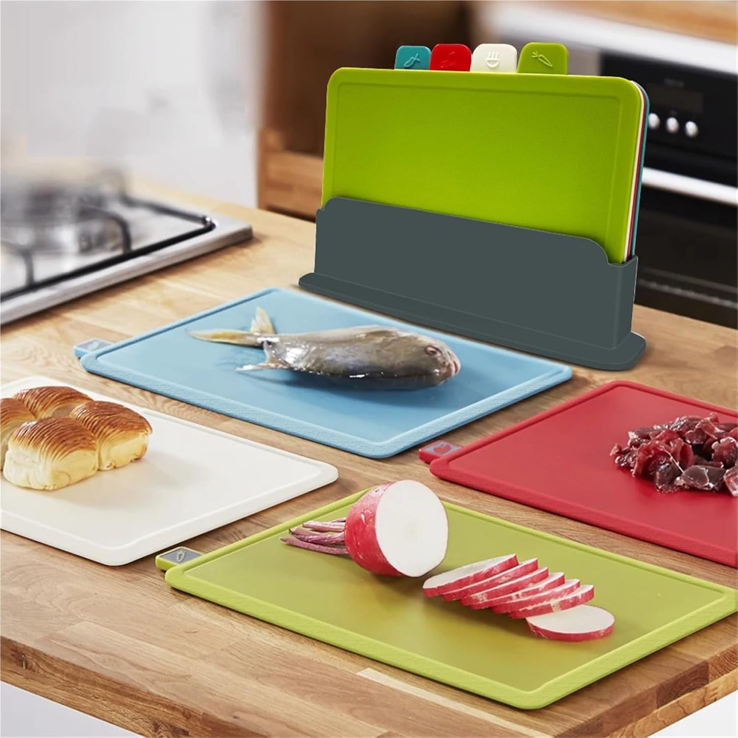 4-Piece Plastic Cutting Board Set with Holder for Kitchen, Dishwasher Safe (Christmas Theme)