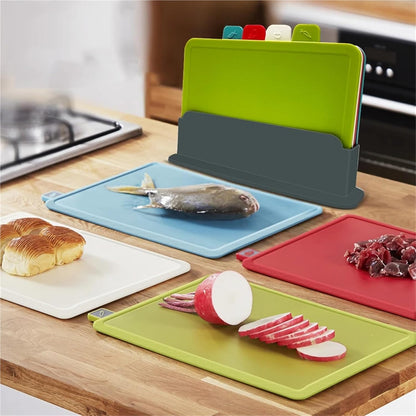 4-Piece Plastic Cutting Board Set with Holder for Kitchen, Dishwasher Safe (Christmas Theme)