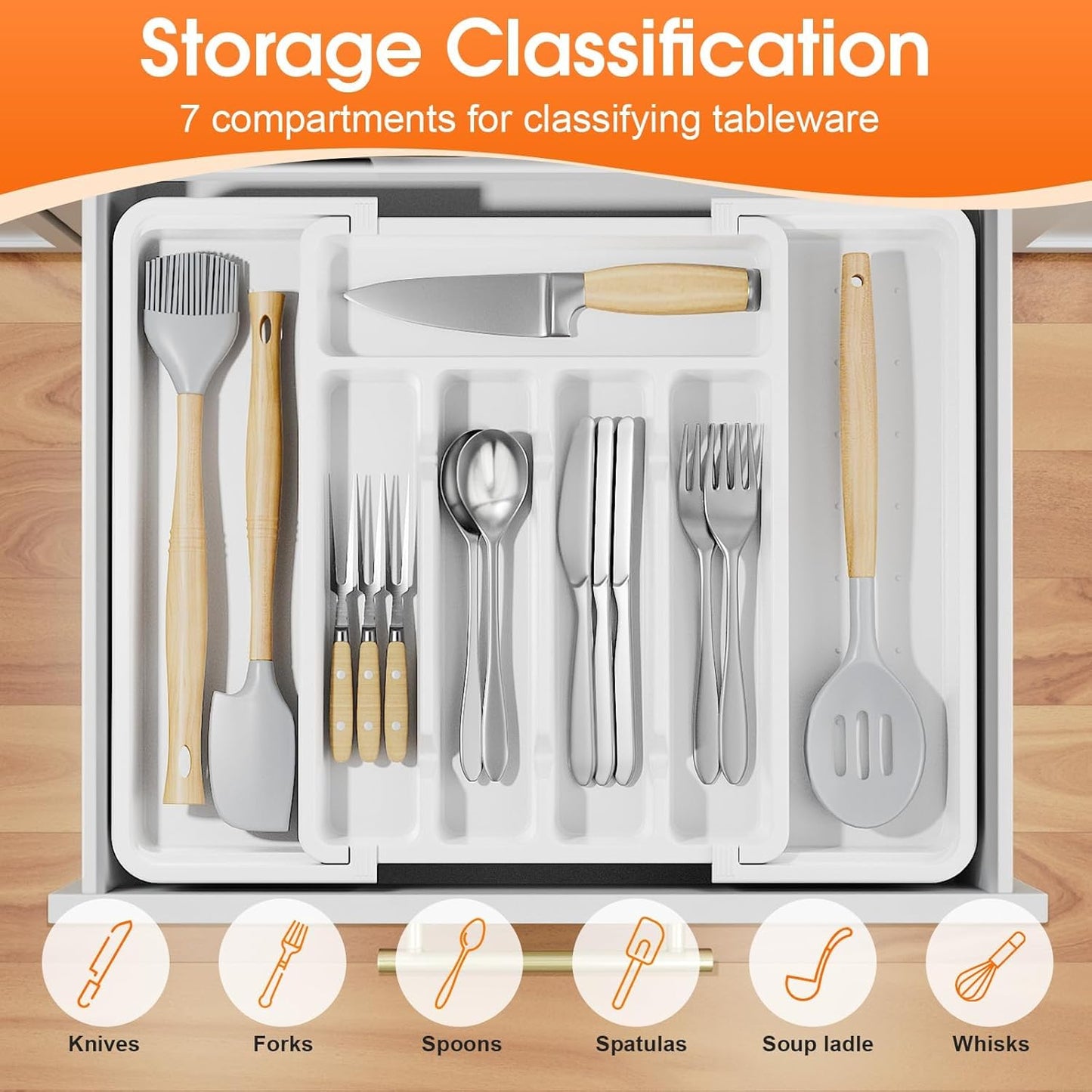 SpaceHacks Silverware Organizer，Adjustable & Expandable Utensil Drawer Organizer, BPA Free Utensil Holder, Cutlery Tray for Forks, Spoons, Knives in Kitchen, Medium, White