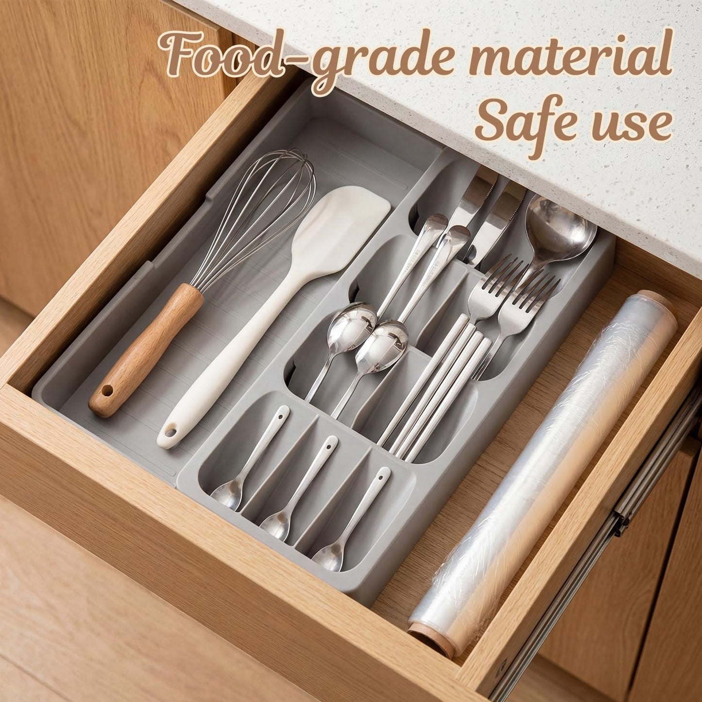 Expandable Silverware Drawer Organizer Tray, Adjustable Utensil Holder for Kitchen Drawers, BPA-Free Plastic Cutlery and Flatware Storage Divider