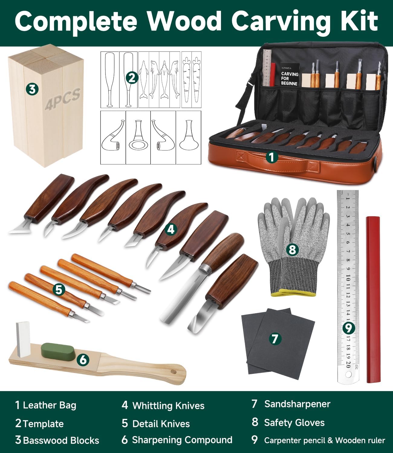 Wood Carving Kit, 17Pcs Wood Carving Tools, Professional Whittling Knife Set, Wooden Hand Knives with Sheath & Deluxe Leather Roll Bag for Beginners Adults & Starter Woodworking