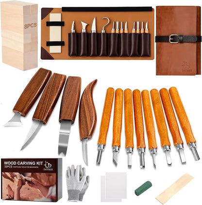IMYMEE Deluxe Wood Carving Kit with Leather Case,Wood Carving Tools Set with Wood Carving Knife,Detail Knives,Basswood Blocks,Gloves,Strop Block,Polishing Compound for Whittling Kit Hobbies for Adults