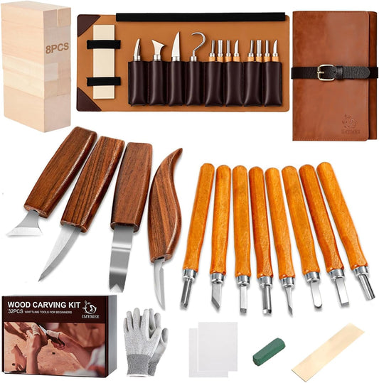 IMYMEE Deluxe Wood Carving Kit with Leather Case,Wood Carving Tools Set with Wood Carving Knife,Detail Knives,Basswood Blocks,Gloves,Strop Block,Polishing Compound for Whittling Kit Hobbies for Adults