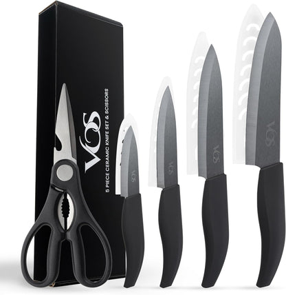 Vos ceramic knives set for kitchen in gift box, 5 ceramic knife with cover with scissors, 3" 4" 5" 6" ultra sharp knives for home cooks, lightweight, rust-free, dishwasher safe (Black handle)