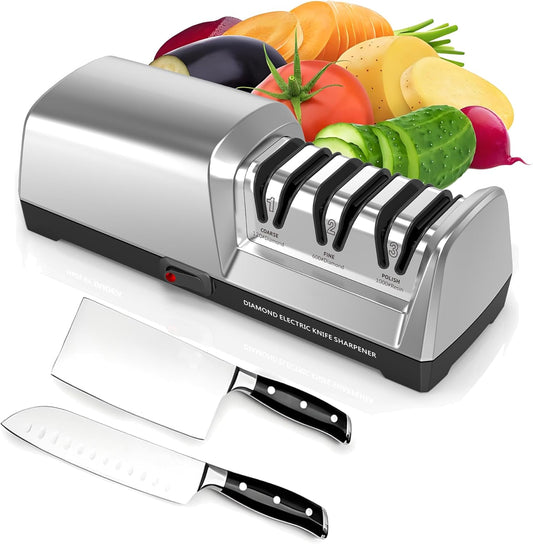 Electric Knife Sharpener for Kitchen - 3-Stage with 100% Diamond Abrasives & 15° Precision Angle Guide - Fast Repair & Polish, Profesional with Magnetic Dust Box