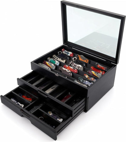 AUTOARK Knife Display Case Holds 43+ Knives,Large 3-Tier Wooden Organizer with Glass Top and Drawer,Gift for Men,Walnut,AHK-072