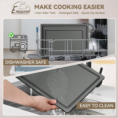 Empune 3-Piece Plastic Cutting Boards for Kitchen - Thick & Non-Slip Chopping Board Set with Juice Grooves, Dishwasher Safe, BPA Free, Includes Large & Small Sizes, Gray