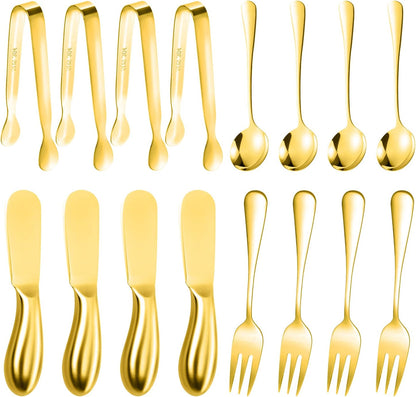 Cheese Butter Spreader Knives Set Charcuterie Accessories 16 Pieces Charcuterie Boards Utensils Stainless Steel Spreader Knife Mini Serving Tongs Spoons and Forks for Jam Appetizers Pastry (Gold)