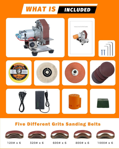Mini Belt Sander, Electric Small Sander Knife Making Supplies, 7 Adjustable Speed Electric Knife Sharpener, Power Belt Grinder for Woodworking, Metal Working DIY (6.5'' x 6.8'' x 4.8'')