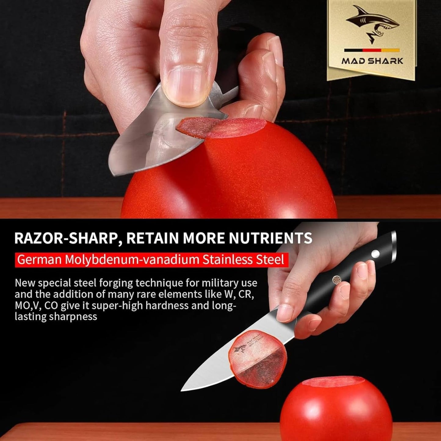 MAD SHARK 3.5 inch Paring Knife, Small Kitchen Knives Ergonomic Handle, Ultra Sharp Fruit Knife for Fruits,Vegetables, Forged Synergy by German Stainless Steel