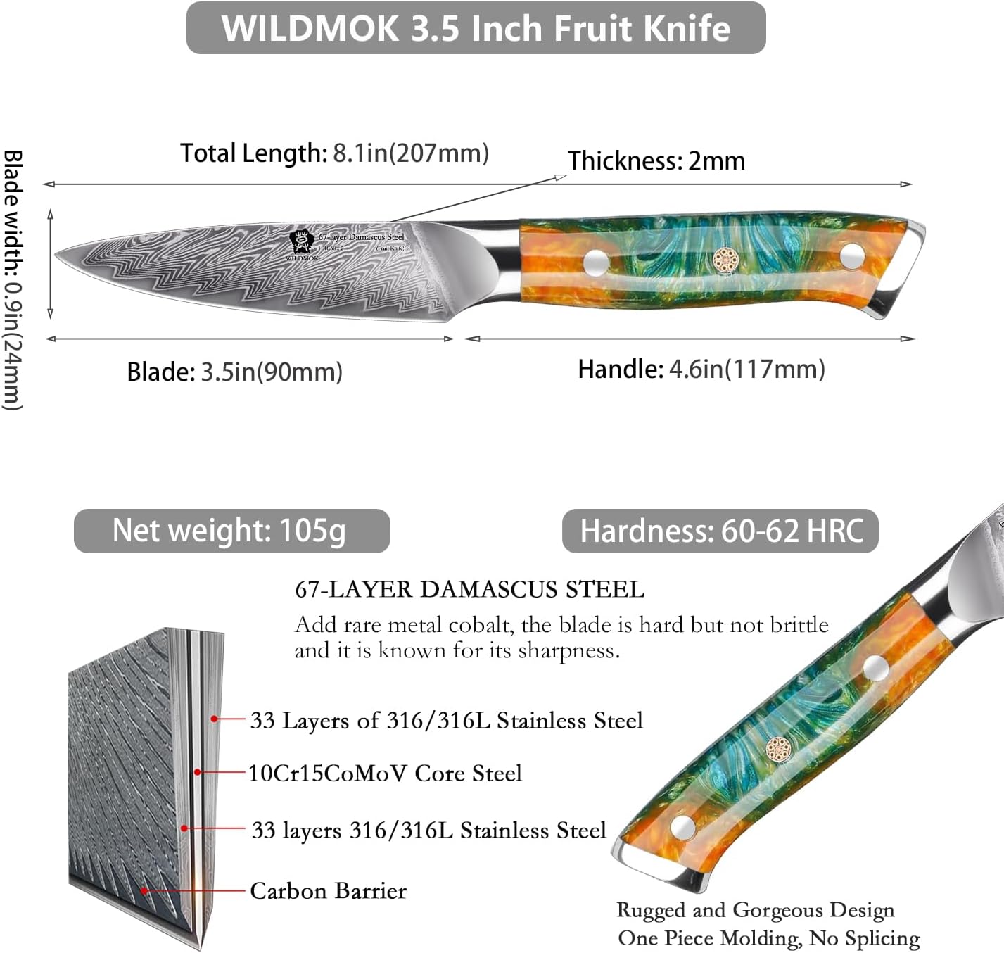 WILDMOK Paring Knife 3.5 Inch, Japanese Damascus Fruit Knife, Small peeling knife Perfect for Cutting Fruit Vegetables Petty Knife