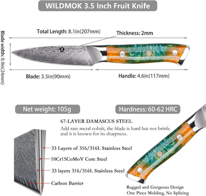 WILDMOK Paring Knife 3.5 Inch, Japanese Damascus Fruit Knife, Small peeling knife Perfect for Cutting Fruit Vegetables Petty Knife