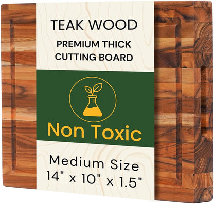 Teak Wood Cutting Board 18" x 14" x 0.6", 2-Piece Set for Kitchen Meat & Food Prep - Large Thin Edge Grain, Deep Juice Groove, Lightweight Solid Hardwood, Non-Toxic, BPA Free by New M Way