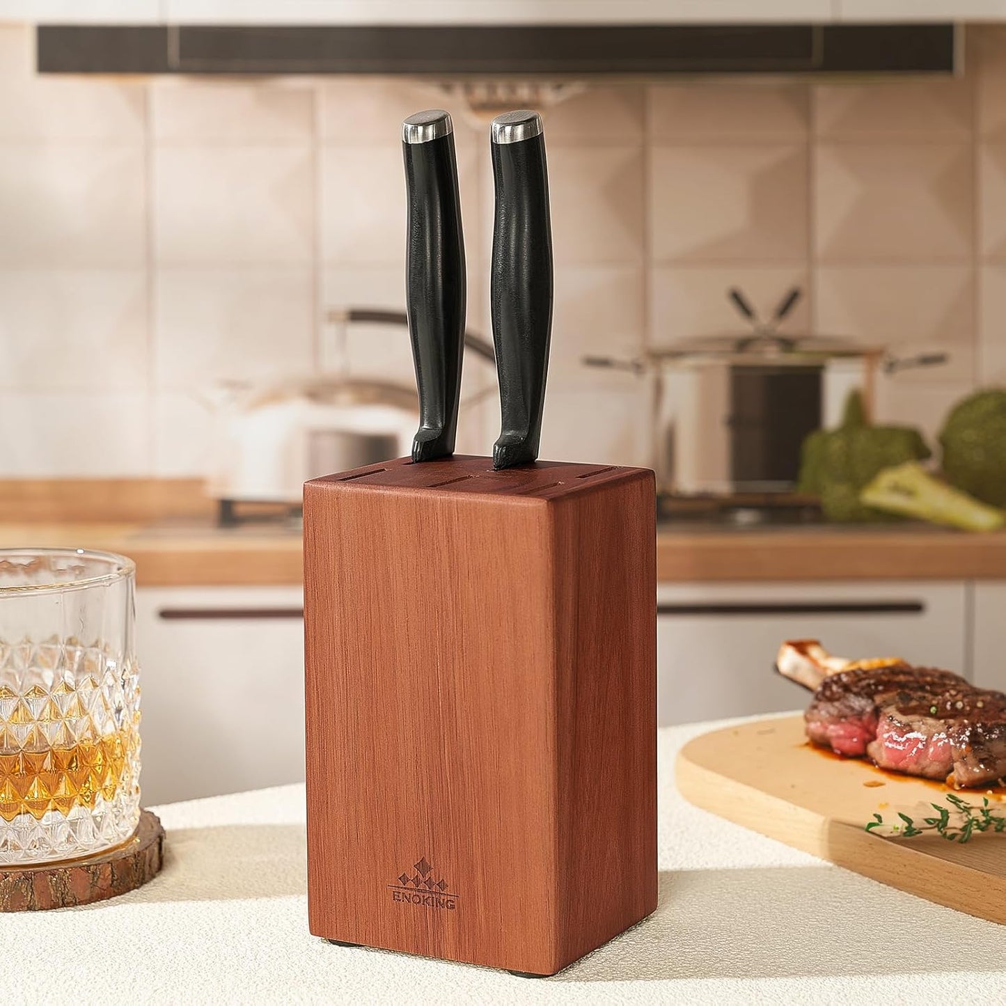 ENOKING Knife Block without Knives, Large Knife Holder- 25 Slots Acacia Wood Universal Knife Block, Butcher Block Countertop for Knife Storage Organizer