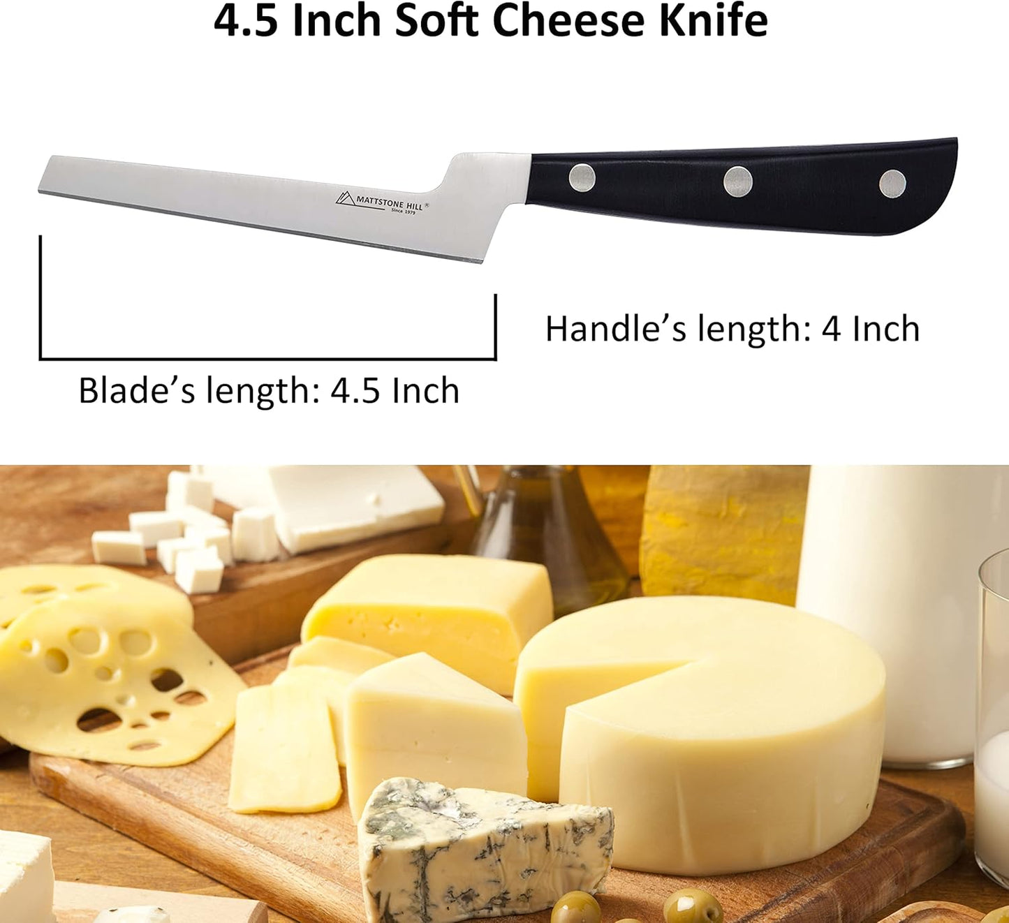 Cheese Knife, MATTSTONE HILL Cheese Knives Set - Soft & Semi Hard Cheese Knife, Soft Cheese Slicer, Cheese Cleaver, Hard Cheese Cutter, Premium Stainless Steel, Wood Handle