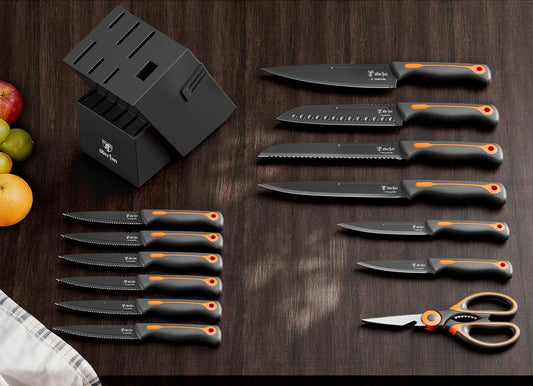 Knife Block Set -15 PCS Dishwasher Safe Kitchen Knife Set, High Carbon Stainless Steel, Razor-Sharp knives set with sharpener, Non-Slip Handles, Elegant Box for Her Him Women Dad Father