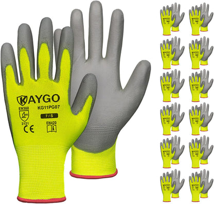 KAYGO Work Gloves for Men and Women,12 Pairs Seamless Knit PU Coated Safety Gloves, with Smooth Grip on Palm and Fingers, Ideal for Light Warehouse, Manufacturing, Gardening, KG11P (M, Black)