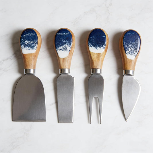 Cheese Knives Set with Wooden and Resin Handle, Mini Steel Stainless Cheese Knife Set for Charcuterie and Cheese Spread, Perfect for Cheese Slicer and Butter Cutter (Blue, 4pcs)