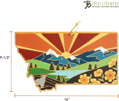 Totally Bamboo North Carolina State Shaped Cutting Board and Charcuterie Serving Platter with Artwork by Summer Stokes, Includes Hang Tie for Wall Display 18" x 8" x 5/8" - Colors A
